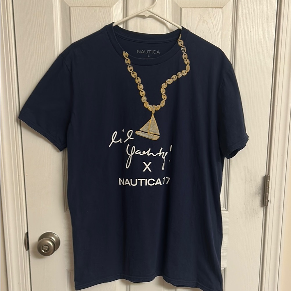 Nautica Dark Blue Cotton Graphic T-Shirt Gold Accents Short Sleeves Size Large
